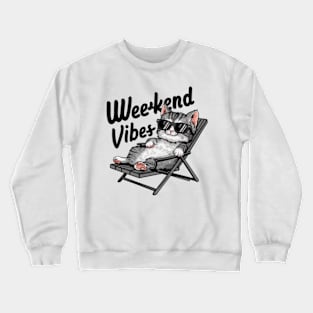 One design features a cool and comfortable kitten wearing sunglasses, casually lounging on a beach chair. (2) Crewneck Sweatshirt